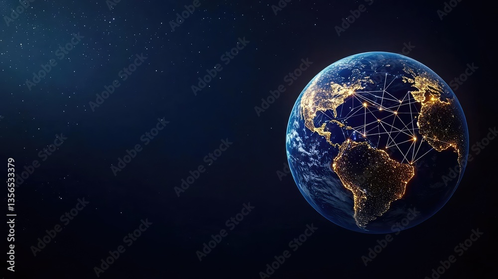 Obraz premium Earth at night representing cityscapes and business connections concept. A stunning view of Earth with illuminated networks at night.
