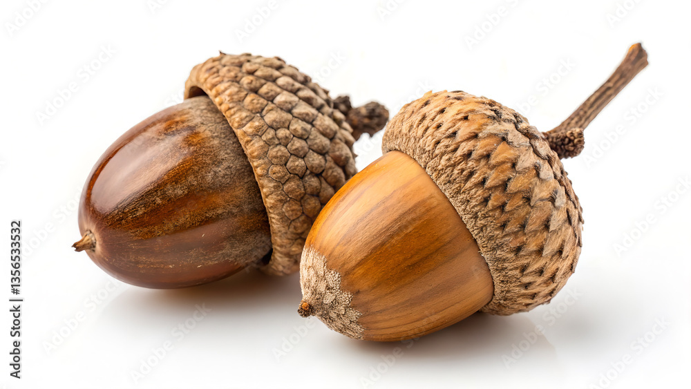 Close-up of two acorns with rough caps and polished shells, isolated on a bright white background. Close-up of two acorns with rough caps and polished shells, isolated on a bright white background.