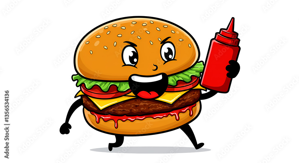 manga comic style, an energetic burger character, sesame seed bun, crispy lettuce, juicy patty, big excited eyes, holding a ketchup bottle manga comic style, an energetic burger character, sesame seed bun, crispy lettuce, juicy patty, big excited eyes, holding a ketchup bottle