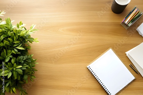 Clean Desk Workspace with Notebook and Plant Top View