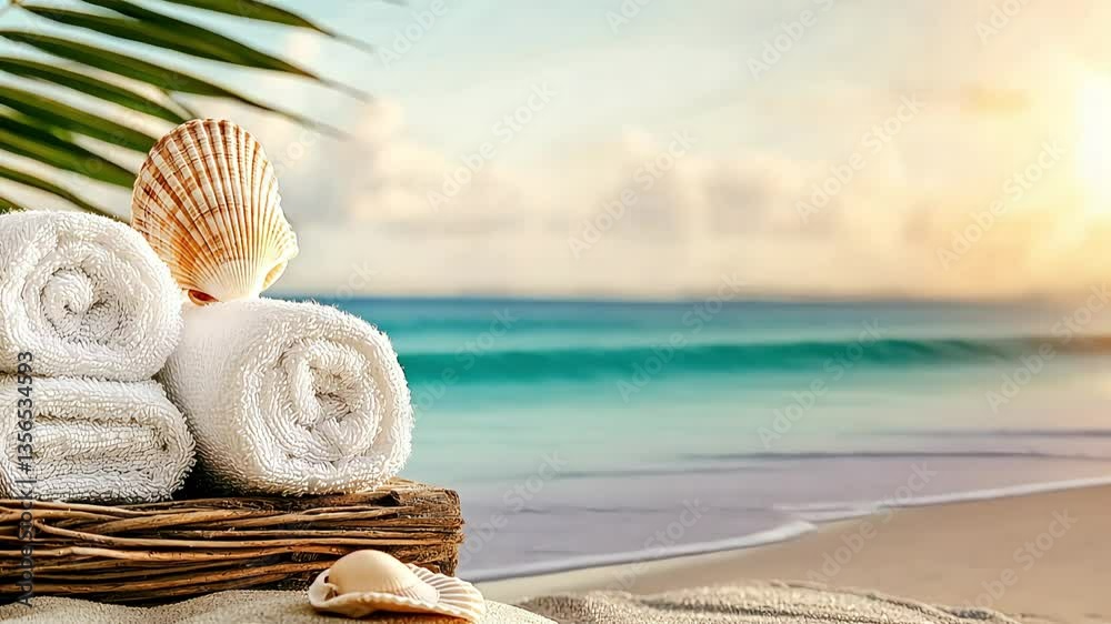 Animation with soft white spa towels with seashells placed in a wicker basket on a sandy beach, with palm leaves and rolling ocean waves in the background, creating a relaxing tropical atmosphere.