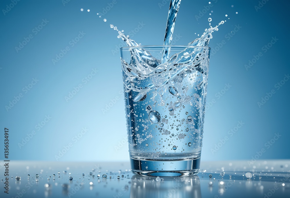 Refreshing hydration concept: Water pouring into a glass, creating splash moment Refreshing hydration concept: Water pouring into a glass, creating splash moment