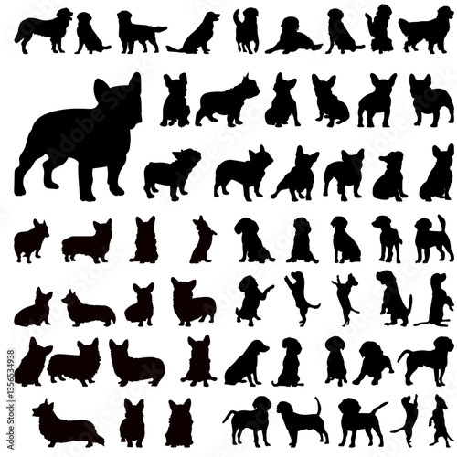 set of dogs of different breeds silhouette, vector