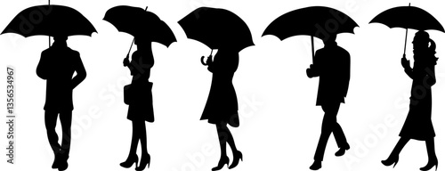 set of people under umbrella silhouette, vector