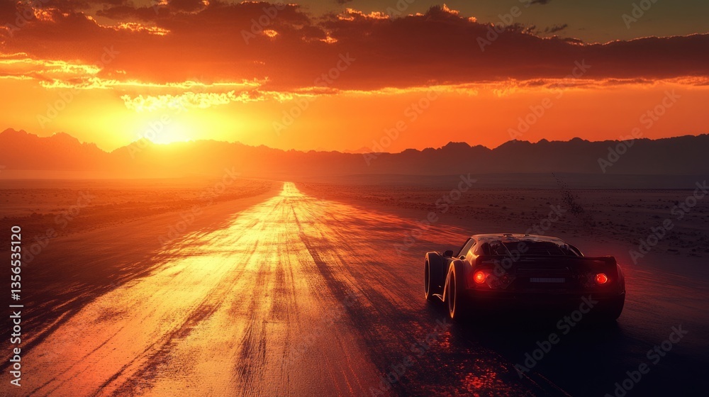 Velocidade Extrema. Carro Esportivo Correndo na Estrada do Deserto ao Pôr do Sol Velocidade Extrema. Carro Esportivo Correndo na Estrada do Deserto ao Pôr do Sol