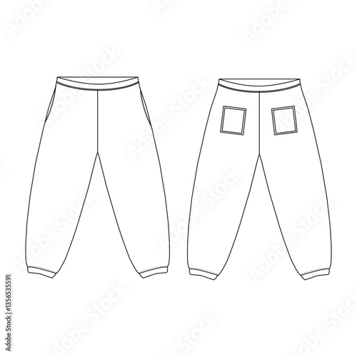 Loose Fit Joggers: Men's Sweat Jogger Pants with Elastic Drawstring Waist in Relaxed Style. Casual Wear Mockup Template for Fashion Design. Vector Technical Sketch & Tech Pack for Apparel Designers