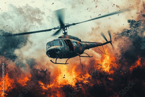 Vietnam War Helicopters in Jungle Military Conflict with Burning Flames and Smoke