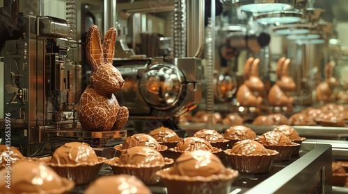 Chocolate bunnies and treats being produced at an Easter festival factory during the spring season