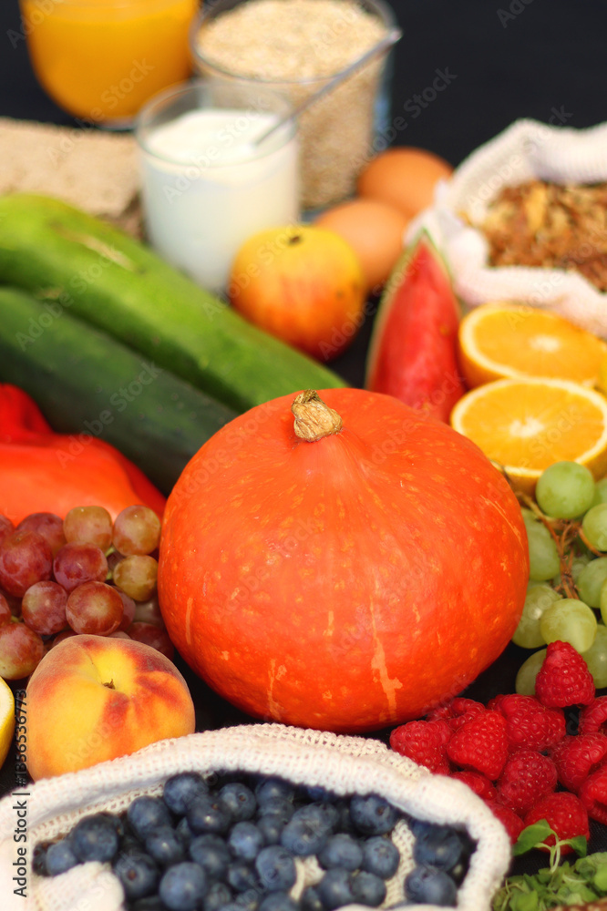 Various healthy fruits, vegetables and cereals on dark background. Selective focus.
