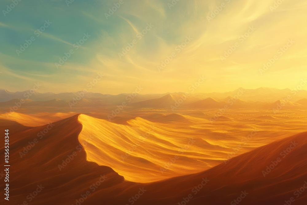 Naklejka premium Aerial view of desert landscape with sand dunes under a golden sunset and a blue sky above it all