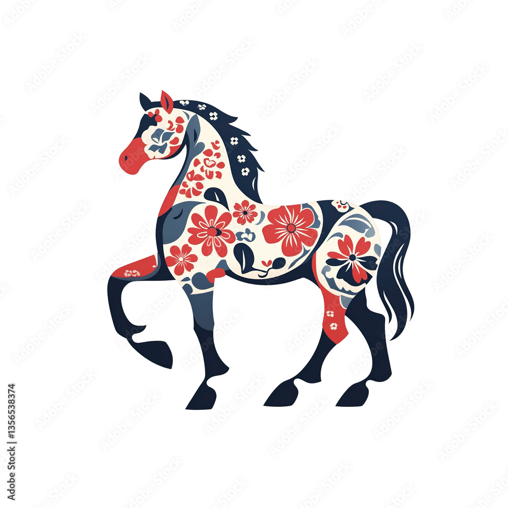 Obraz premium Floral Horse Illustration Elegant Equine Design with Red and Blue Flowers
