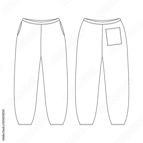 Sweatpants technical drawing, pocket streetwear mockup template - design tech packs, cad joggers, fashion blueprint & apparel flat illustration