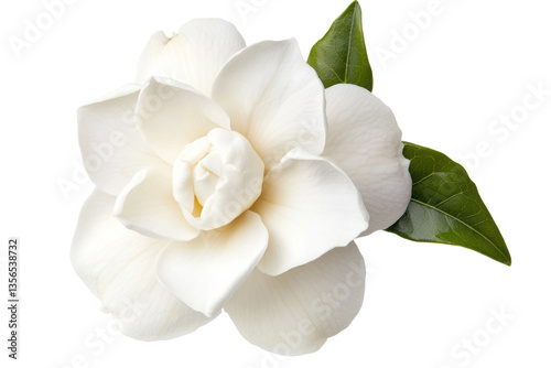 Close-up of a white gardenia flower with lush green leaves, cut out