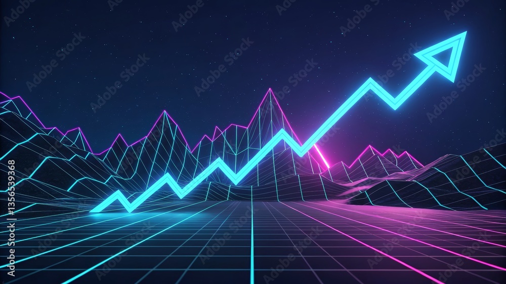 Naklejka premium neon arrow graph, upward trend, glowing blue and pink, retro synth wave aesthetic, digital landscape, geometric grid, 3D rendering, vibrant colors, futuristic design, dark background