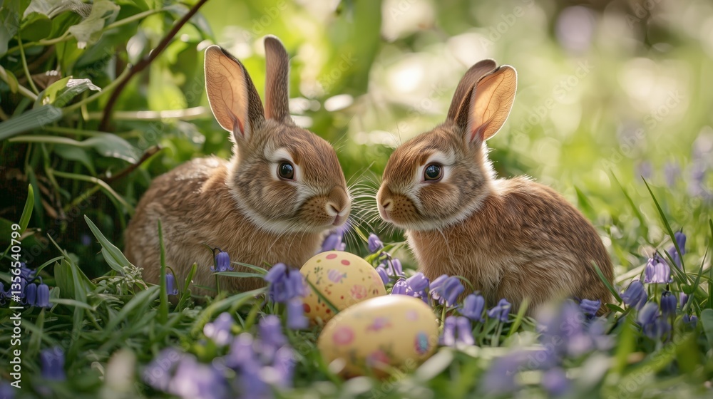Fototapeta premium Bunnies explore colorful Easter eggs among blooming flowers during a festive spring celebration