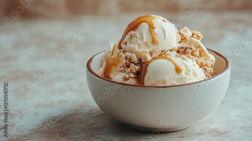 Scoops vanilla ice cream with caramel in a bowl. Refreshing summer snack. AI generation