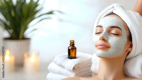 A woman relaxes with a facial mask, surrounded by towels, candles, and a small bottle of essential oil. Concept Self-Care Routine, Spa Day at Home, Relaxation Techniques, Aromatherapy Benefits photo