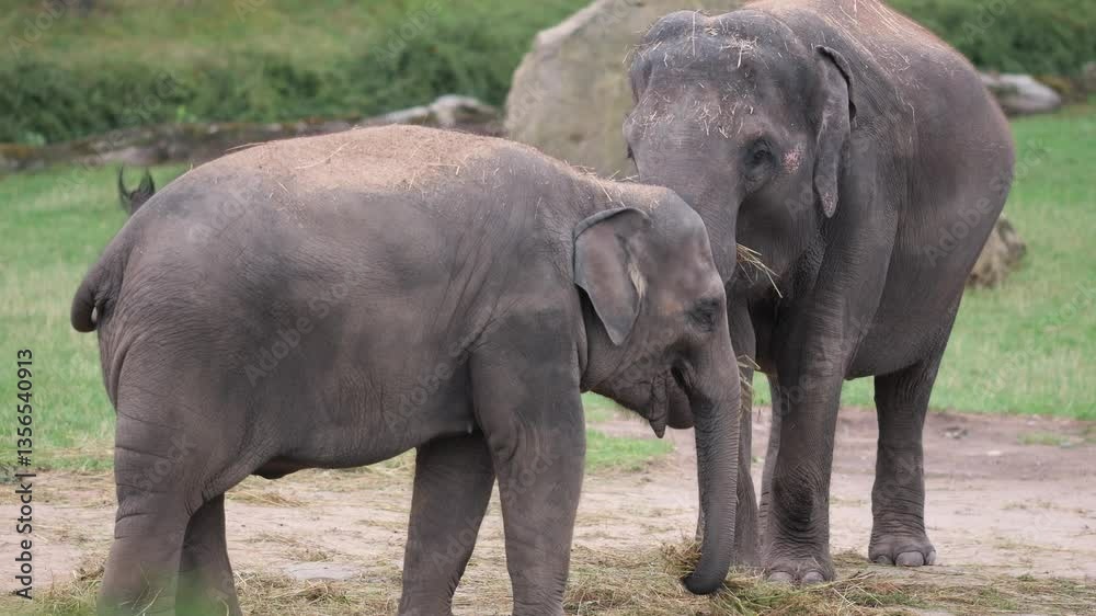 Two Asian Elephants Eating – Middle Shot in Zoo Enclosure Two Asian Elephants Eating – Middle Shot in Zoo Enclosure