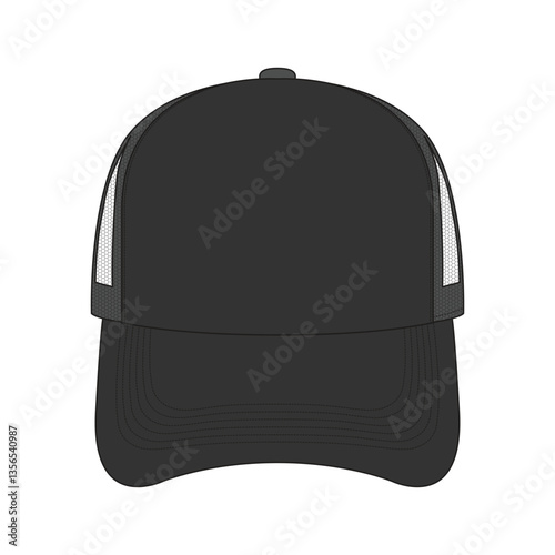 Black Trucker Hat Mockup Vector Illustration – Fashion Design Template Tech Pack Drawing