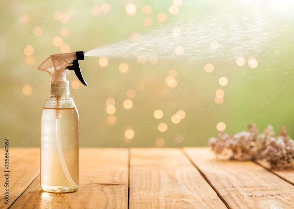 Spray Bottle Flat Lay, Wooden Texture, Fresh Splash, Bokeh Background, Product Photography