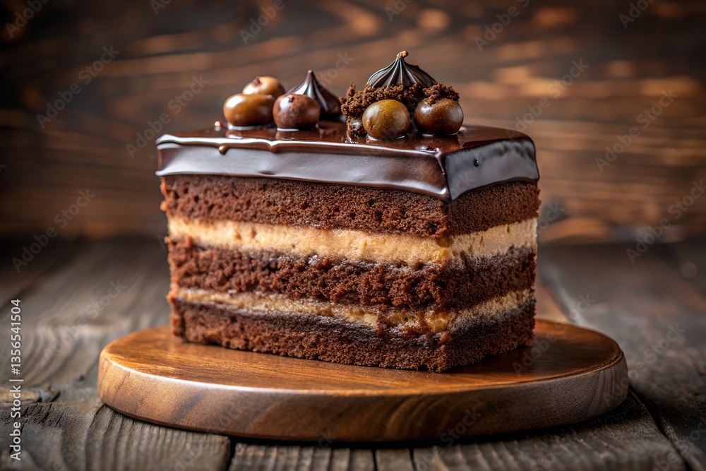 Luxurious chocolate cake decadent layers, rich textures, artful photography