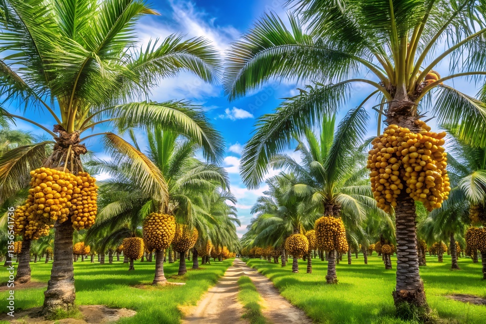 Thailand's lush green palm trees yield unripe dates, a Southeast Asian tropical agricultural harves