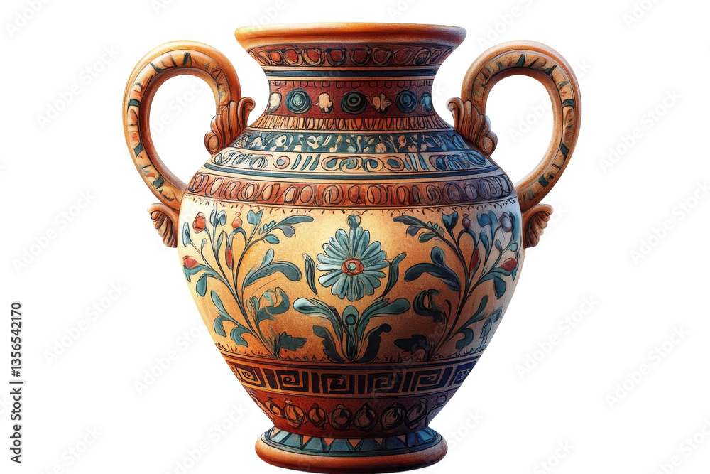 An Ancient Greek Amphora, A Testament To Artistry And History, Adorned With Intricate Floral Designs And Geometric Patterns, Showcasing A Rich Palette Of Warm Earthy Tones Isolated on Transparent Back