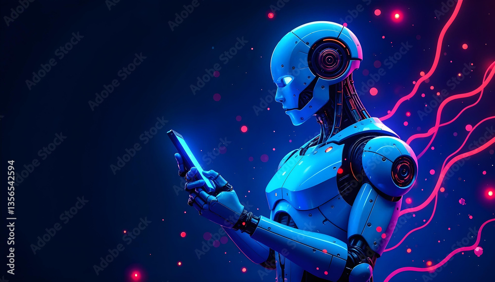 Fototapeta premium A futuristic illustration of a robot sitting inside a smartphone, surrounded by abstract digital elements, blending technology, music, and space themes, with a vibrant, party-like atmosphere.