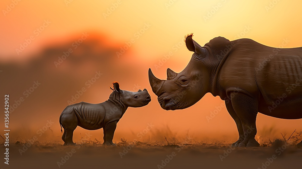 Fototapeta premium Rhino mother and calf at sunset