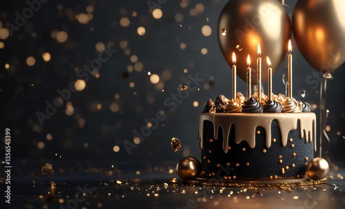 Delicious black and gold birthday cake with lit candles, surrounded by balloons and falling confetti, creating a festive atmosphere