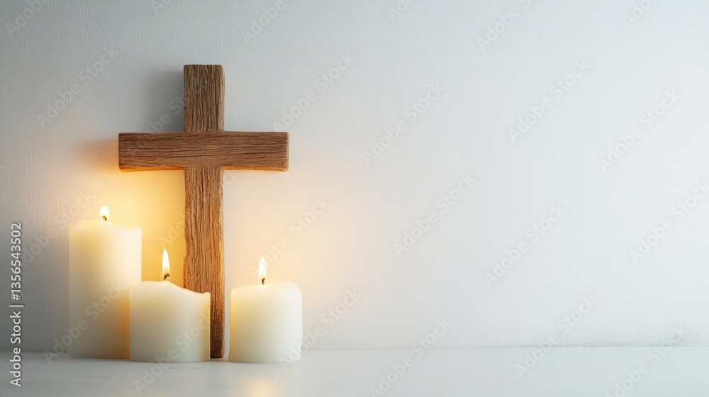 Naklejka premium Serene Wooden Cross with Candles on White Background