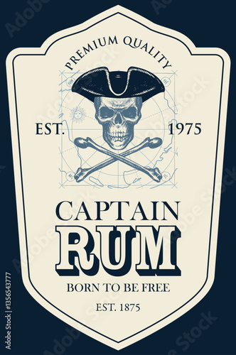 Vector label with the inscription Captain Rum. Hand-drawn human skull in a pirate hat and crossbones on a white background with map in retro style.