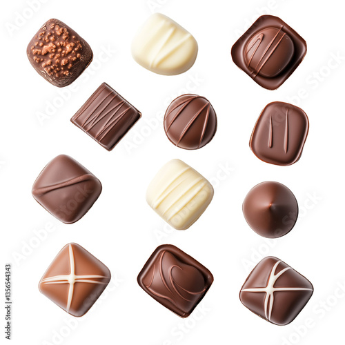 Various types of chocolate photo assets. Sweet confectionery. Universal dessert. Luxury chocolate confectionery. Photo assets with background removed, PNG icons available.