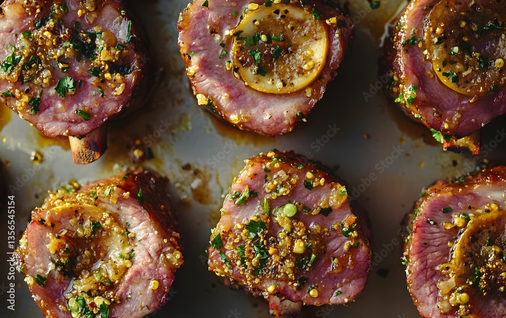 Obraz premium Herb Crusted Roasted Pork Belly Slices with Lemon