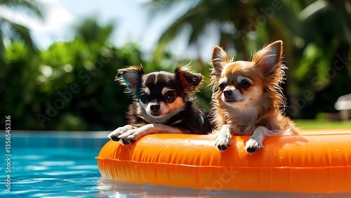 Two Chihuahuas relaxing on an orange float in a swimming pool surrounded by lush greenery and bright sunlight. Concept Chihuahuas in Pool, Summer Vibes, Relaxing Pets, Bright Sunlight