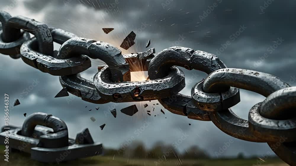 Close-up view of a broken chain link with shattered pieces flying, dramatic lighting, and dark stormy sky backdrop.

