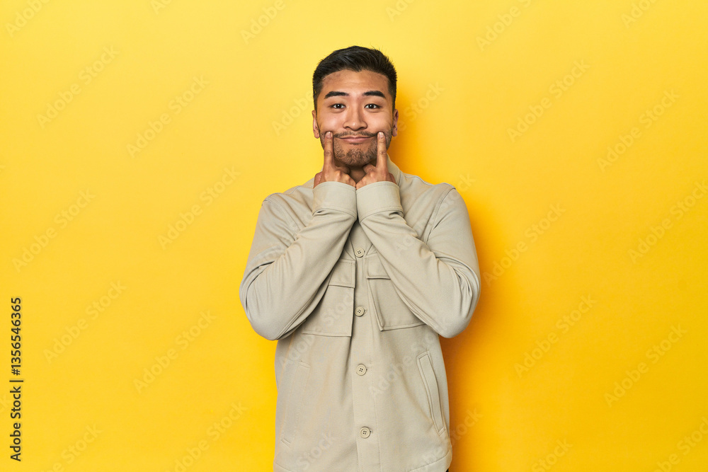 Fototapeta premium Asian man in stylish gray shirt on yellow studio doubting between two options.