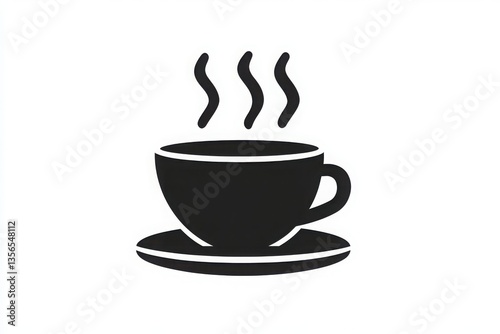 Black silhouette of a hot cup of coffee or tea with steam on a saucer against white background