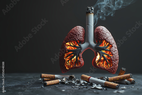 The Price of Pleasure: A graphic depiction of smoking's devastating impact, showcasing a stylized pair of lungs, resembling smoldering charcoal, directly linked to a lit cigarette, with scattered.