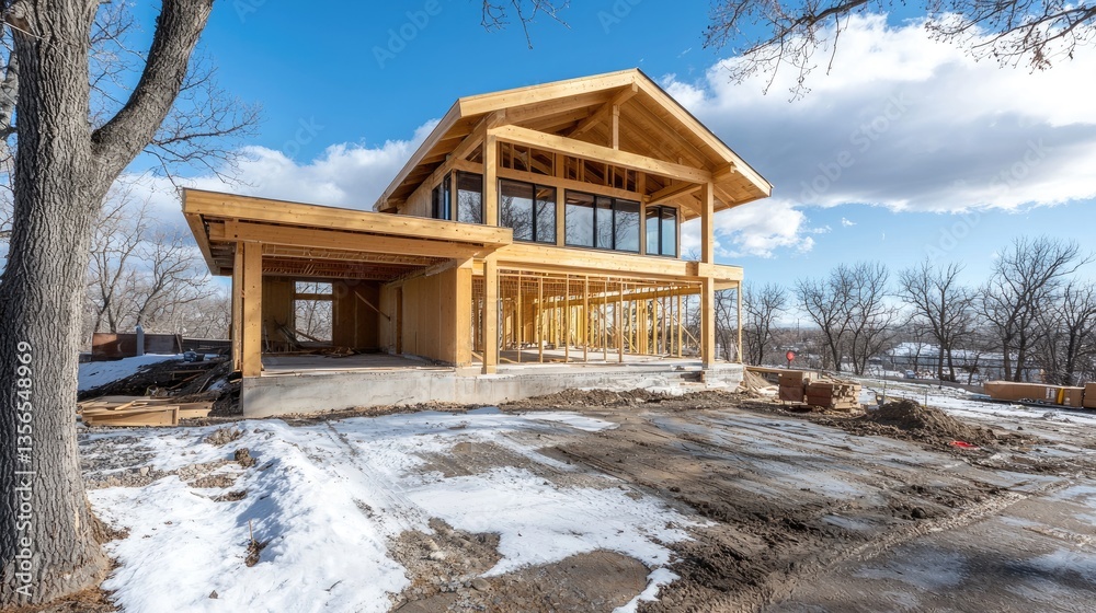 A contemporary home taking shape with wooden framing, large windows, and an open layout. A contemporary home taking shape with wooden framing, large windows, and an open layout.