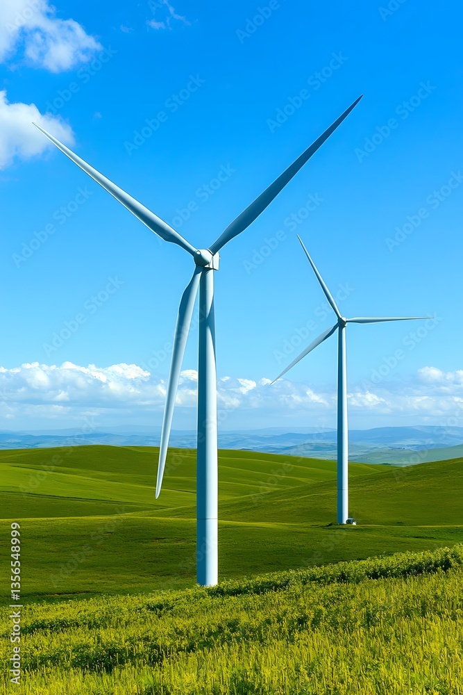 Fototapeta premium Two Wind Turbines in Green Rolling Hills Under Blue Sky