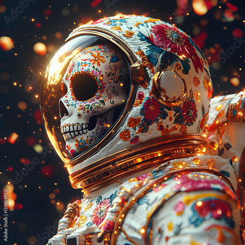 An astronaut showcases a sugar skull design with flowers, honoring Mexican culture