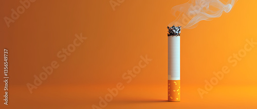 Smoldering Cigarette on Orange: A single, lit cigarette with wisps of smoke rising against a vibrant orange backdrop, symbolizing the dangers and health risks associated with smoking.