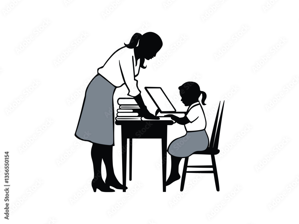 Homeschool Mom Silhouette: Mother's Day Reading & Learning Art Vector Homeschool Mom Silhouette: Mother's Day Reading & Learning Art Vector