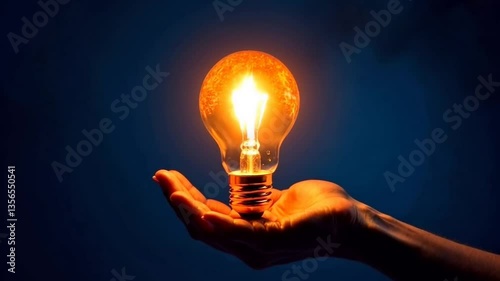 Glowing light bulb in hand on with electric discharges similar to lightning of insight, idea, concept