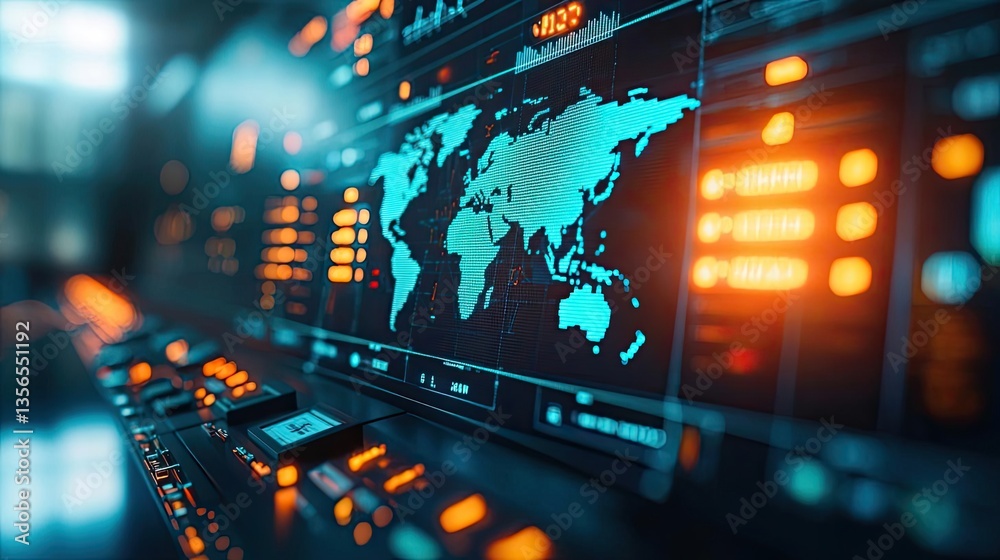 Fototapeta premium Cargo logistics and freight tracking in global network concept. Futuristic interface with global map on digital screen panel.