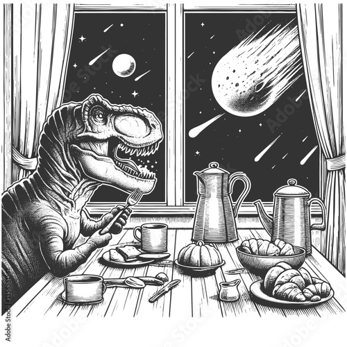 T-Rex Enjoying Breakfast as Meteor Approaches