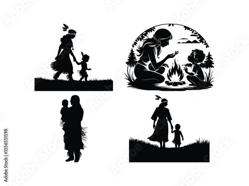 Native American Mother Silhouette Vector: Tribal Mom & Child Art