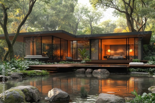 Tranquil Forest Retreat Modern Cabin  Pond.
