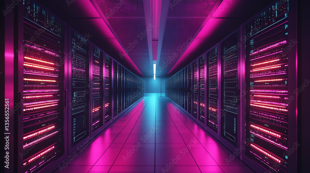 Fototapeta premium Futuristic server room with colorful neon lights illuminating rows.